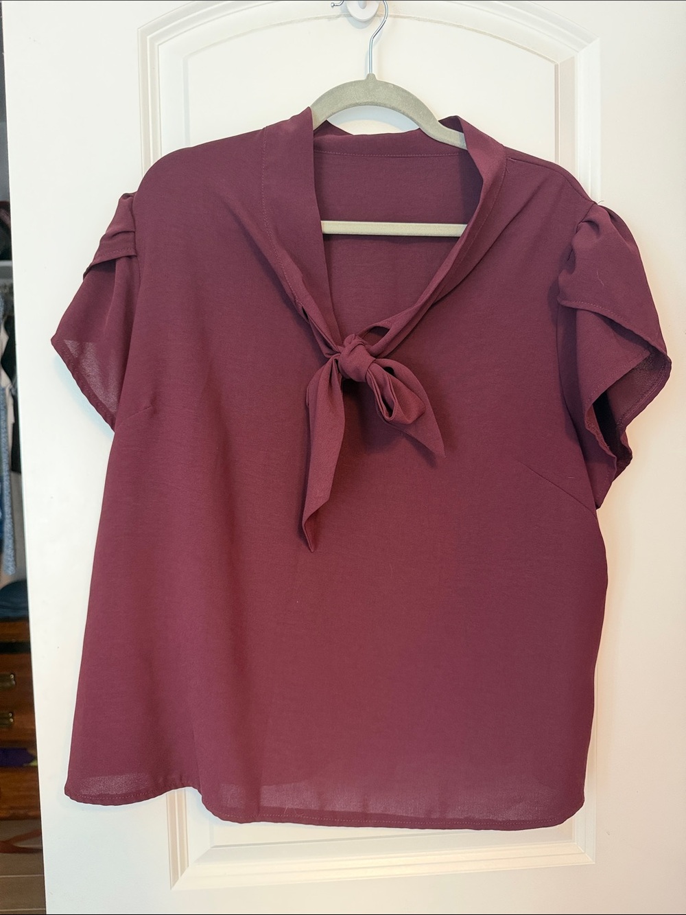 Tie-Neck Short Sleeve Blouse - Plum